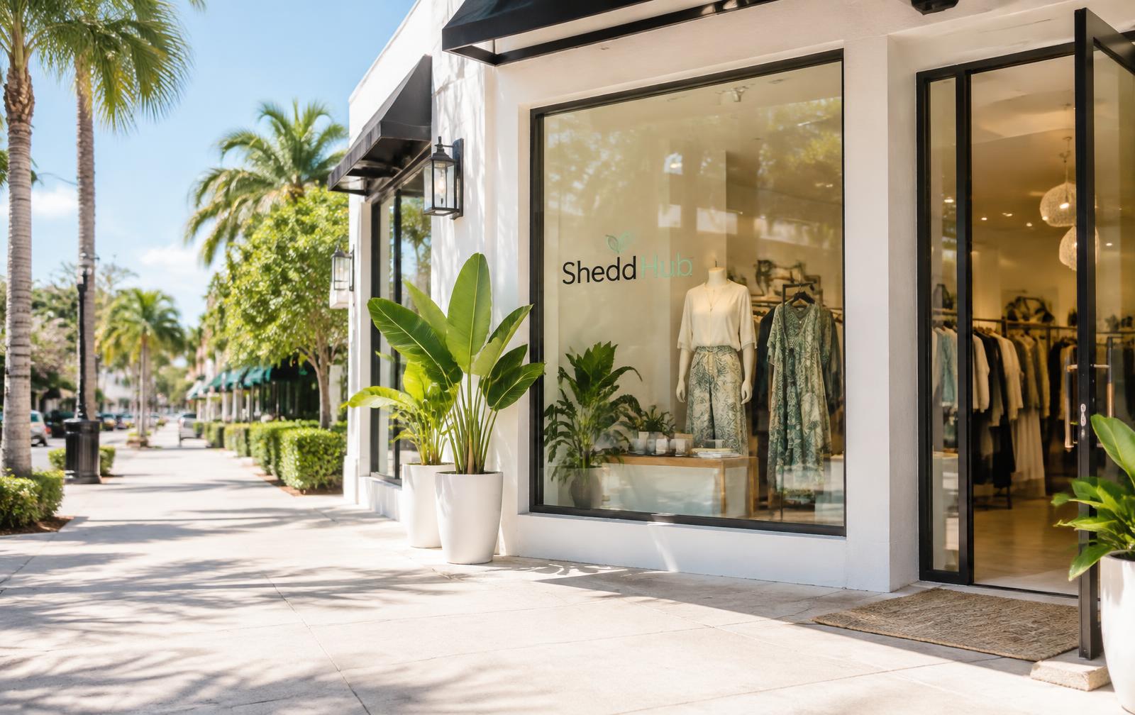 Illustrative neighborhood boutique with a Shedd Hub window decal
